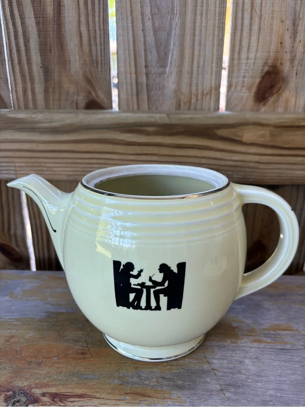 Vintage 1930s Hall Five Band Teapot, No Lid, Silhouette Pattern